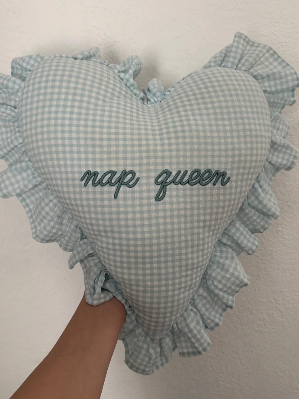 Marshalls Pale Blue Gingham Heart Pillow with 'nap queen' Embroidery